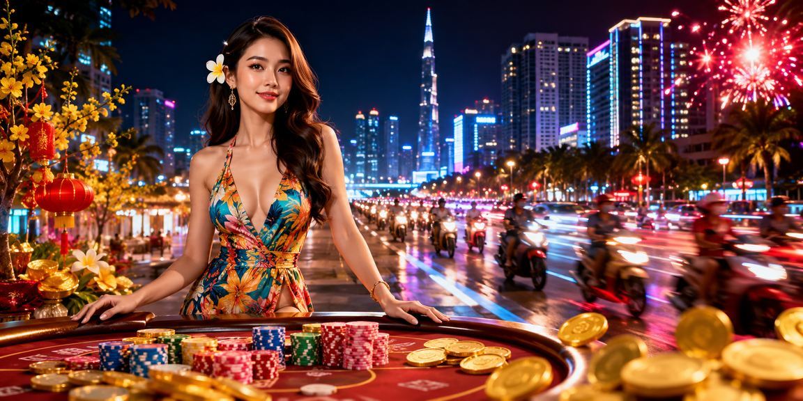 Ánh đèn neon rực rỡ của khu vực casino và cá cược về đêm tại TP Hồ Chí Minh