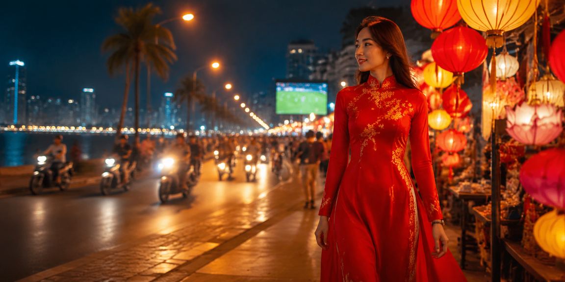 Cổ động viên bóng đá tại Nha Trang mặc áo dài cổ vũ sôi động bên bờ biển