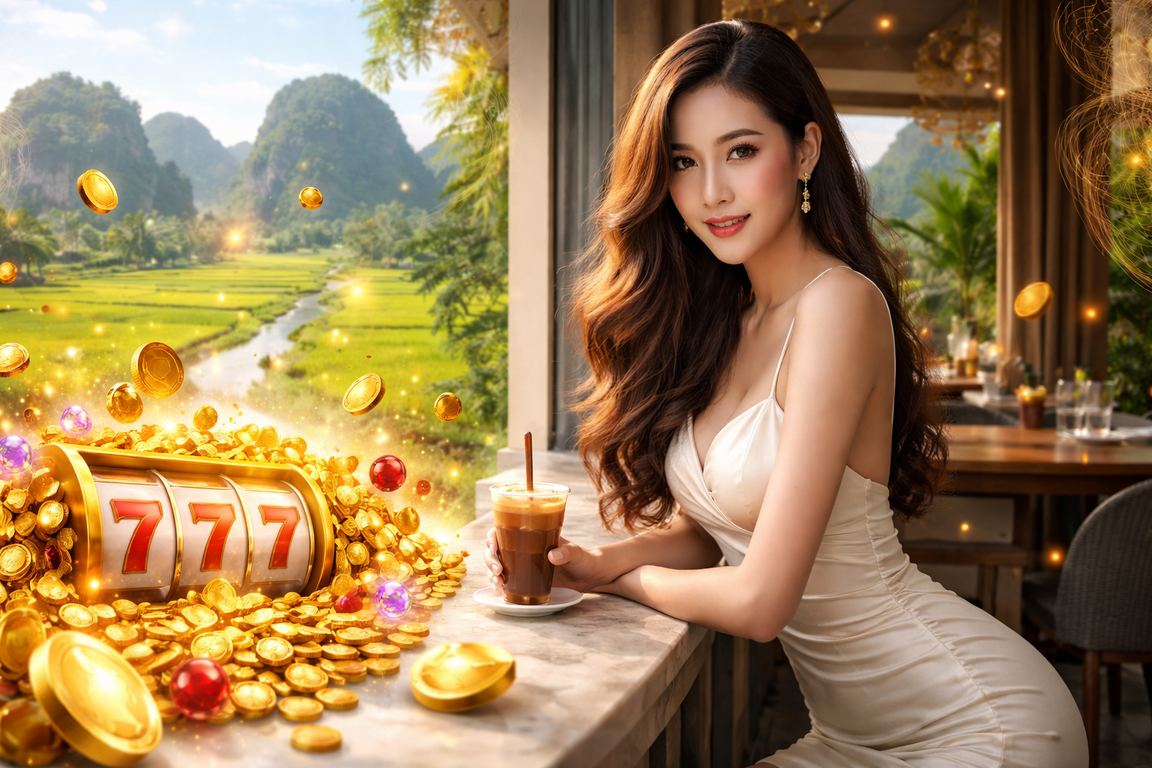 Người chơi slot game tại Ninh Bình thưởng thức cà phê bên cảnh quan núi đá